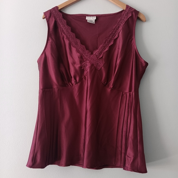 George Tops - VTG George Claret Wine Burgundy Satin Lace Trim Cami Tank Pleated XL
